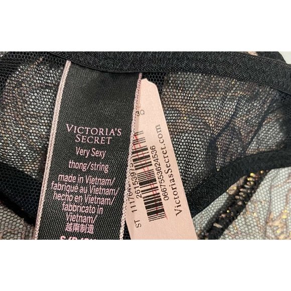 NWT VICTORIA'S SECRET Very Sexy Thong Sz LARGE Black Mesh Lace Metallic Floral - Picture 5 of 7